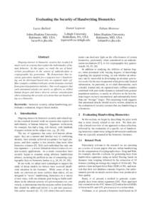 Evaluating the Security of Handwriting Biometrics Lucas Ballard Daniel Lopresti  Fabian Monrose