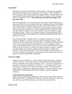 EPA 300-B[removed]OVERVIEW The purpose of this self-audit checklist is to help members of the regulated community determine their compliance status with portions of the August 8, 1995, amendments to the leak repair provis