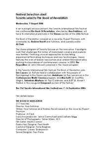 Festival Selection Alert: Toronto selects The Book of Revelation Wednesday, 9 August 2006