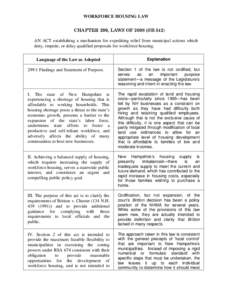 WORKFORCE HOUSING LAW CHAPTER 299, LAWS OF[removed]SB 342) AN ACT establishing a mechanism for expediting relief from municipal actions which deny, impede, or delay qualified proposals for workforce housing. Language of th