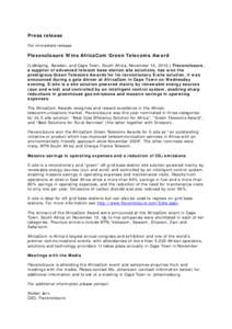 Press release For immediate release Flexenclosure Wins AfricaCom Green Telecoms Award [Lidköping, Sweden, and Cape Town, South Africa, November 10, Flexenclosure, a supplier of advanced telecom base station site 