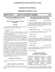 COMMONWEALTH OF PENNSYLVANIA  LEGISLATIVE JOURNAL WEDNESDAY, JANUARY 15, 2014 SESSION OF 2014