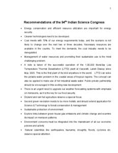 1  Recommendations of the 94th Indian Science Congress •  Energy conservation and efficient resource utilization are important for energy