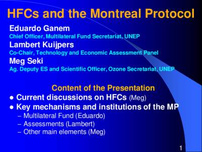 HFCs and the Montreal Protocol Eduardo Ganem Chief Officer, Multilateral Fund Secretariat, UNEP Lambert Kuijpers Co-Chair, Technology and Economic Assessment Panel