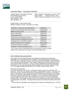 Inspection Report: Kensington Gold Mine Tongass National Forest, Minerals Group 8510 Mendenhall Loop Road Juneau, Alaska[removed]6276 – office[removed] – fax