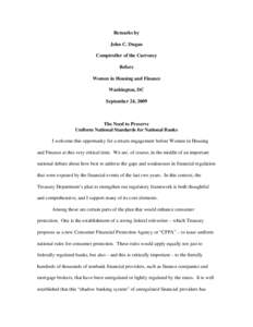 Remarks by John C. Dugan, Comptroller of the Currency, Before Women in Housing and Finance, Washington, DC, September 24, 2009: The Need to Preserve Uniform National Standards for National Banks