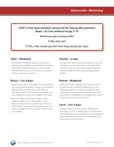 Gainesville • Marketing  STEP 3: Five team members answered the Gainesville questions (Steps 1 & 2 are outlined on pp 5–10) Would you go to Gainesville? If NO, why not?