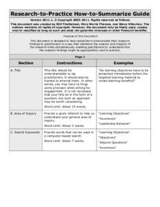 Research-to-Practice How-to-Summarize Guide Version, © CopyrightRights reserved as follows. This document was created by Will Thalheimer, Mary Norris Thomas, and Steve Villachica. The authors maintain