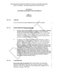 RULES AND REGULATIONS FOR CONTROL OF SOURCES OF IONIZING RADIATION DRAFT OF CHANGES – REVISIONS UNRELATED TO NEW SECTION 12 SECTION 2. LICENSING OF RADIOACTIVE MATERIALS