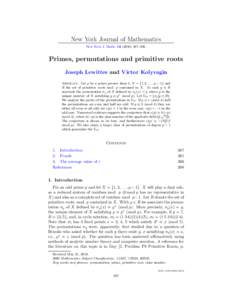 New York Journal of Mathematics New York J. Math–398. Primes, permutations and primitive roots Joseph Lewittes and Victor Kolyvagin Abstract. Let p be a prime greater than 3, X = {1, 2, . . . , p − 1} 