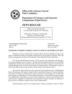 Office of the Attorney General Paul G. Summers Department of Commerce and Insurance Commissioner Paula Flowers  NEWS RELEASE