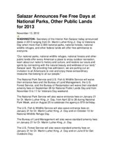 Salazar Announces Fee Free Days at National Parks, Other Public Lands for 2013