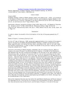 Southern Campaign American Revolution Pension Statements Pension Application of Robert Harding, widow Elizabeth Harding, Va. W7679 (transcribed by Travis Hardin, [removed]) [Cover sheet] Virginia 2963 Elizabeth Hardi