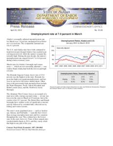 April 20, 2012  No[removed]Unemployment rate at 7.0 percent in March Alaska’s seasonally adjusted unemployment rate