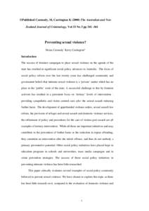 ©Published Carmody, M, Carrington K[removed]The Australian and New Zealand Journal of Criminology, Vol 33 No 3 pp[removed]Preventing sexual violence? Moira Carmody+ Kerry Carrington* Introduction