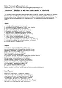 List of Participating Researchers for Proposal for ESF Research Networking Programme (PESC) Advanced Concepts in ab-initio Simulations of Materials The following list is an extended version of the list given in the ESF p