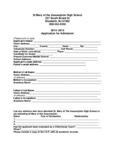 St Mary of the Assumption High School 237 South Broad St Elizabeth, NJ[removed][removed]Application for Admission