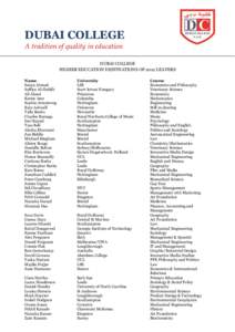 DUBAI COLLEGE A tradition of quality in education DUBAI COLLEGE HIGHER EDUCATION DESTINATIONS OF 2012 LEAVERS Name Sanya Ahmed