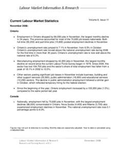 Labour Market Information & Research Current Labour Market Statistics Volume 8, Issue 11  November 2008: