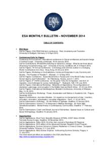 ESA MONTHLY BULLETIN – NOVEMBER 2014 TABLE OF CONTENTS: • -  ESA News
