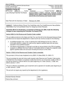 California Motion Picture Tax Credit/New Jobs Tax Credit/Economic Nexus/Define Sales/Sales Only Formula/Modify Rules For Assigning Certain Receipts