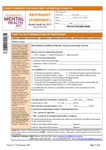 CHIEF FORENSIC PSYCHIATRIST APPROVED FORM 10 THCI: (Patient Id): RESTRAINT (FORENSIC)