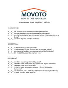 Your Complete Home Inspection Checklist 1. STRUCTURE Y__ N__ Do the sides of the house appear straight and level? Y__ N__ Are the windows and door frames straight (not bowed)? Y__ N__ Are the woods frames and trim secure