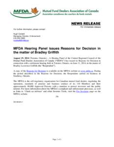 News release - MFDA Hearing Panel issues Reasons for Decision in the matter of Bradley Griffith