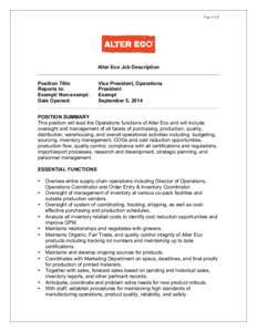 Page 1 of 2  Alter Eco Job Description Position Title: Reports to: Exempt/ Non-exempt: