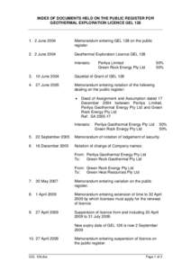 INDEX OF DOCUMENTS HELD ON THE PUBLIC REGISTER FOR GEOTHERMAL EXPLORATION LICENCE GELJuneMemorandum entering GEL 128 on the public