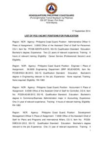 HEADQUARTERS PHILIPPINE COASTGUARD (Punonghimpilan Tanod Baybayin ng Pilipinas) 139 25th Street, Port Area 1018 Manila  17 September 2014