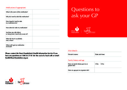 Medications (if appropriate) What is the name of this medication? Why do I need to take this medication? Questions to ask your GP