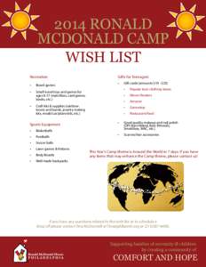 2014 Ronald McDonald Camp WISH LIST Recreation •