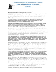 Norfolk Historical Society and Portsmouth History Commission  Battle of Craney Island Bicentennial 22 JuneBicentennial of a Virginian Victory