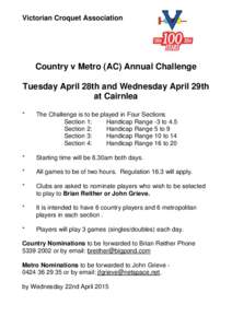 Victorian Croquet Association  Country v Metro (AC) Annual Challenge Tuesday April 28th and Wednesday April 29th at Cairnlea *