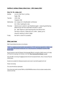 Northlew & Ashbury Primary School News – 30th January 2014 Diary for the coming week Monday Activity Club/Year 6 cooking Rugby Club