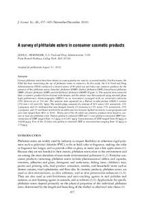 J. Cosmet. Sci., 61, 457–465 (November/December[removed]A survey of phthalate esters in consumer cosmetic products JEAN C. HUBINGER, U.S. Food and Drug Administration, 5100 Paint Branch Parkway, College Park, MD 20740. 