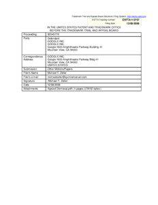 Trademark Trial and Appeal Board Electronic Filing System. http://estta.uspto.gov ESTTA Tracking number: Filing date: