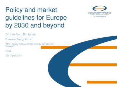 Policy and market guidelines for Europe by 2030 and beyond Dr. Leonhard Birnbaum European Energy Forum What policy measures for energy transition in