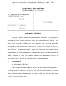 Case 1:07-cv[removed]RCL Document 86 Filed[removed]Page 1 of 58  UNITED STATES DISTRICT COURT FOR THE DISTRICT OF COLUMBIA  ACT NOW TO STOP WAR AND END