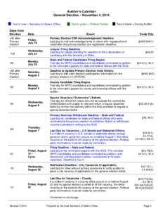 Auditor’s Calendar General Election – November 4, 2014 Text in blue = Secretary of State’s Office Days from Election