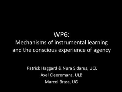 WP6:	
    Mechanisms	
  of	
  instrumental	
  learning	
   and	
  the	
  conscious	
  experience	
  of	
  agency	
   	
  Patrick	
  Haggard	
  &	
  Nura	
  Sidarus,	
  UCL	
   Axel	
  Cleeremans,	
  U