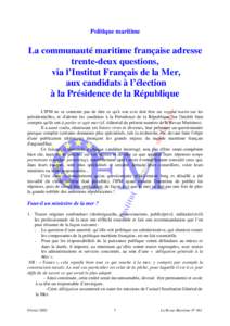 Politique maritime  La communauté maritime française adresse trente-deux questions, via l’Institut Français de la Mer, aux candidats à l’élection