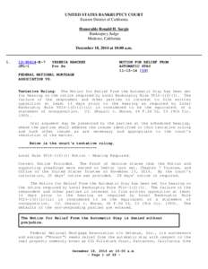 UNITED STATES BANKRUPTCY COURT Eastern District of California Honorable Ronald H. Sargis Bankruptcy Judge Modesto, California December 18, 2014 at 10:00 a.m.