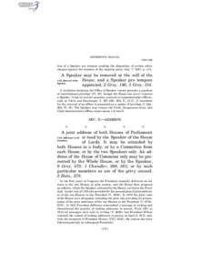 JEFFERSON’S MANUAL § 315–§ 316 tion of a Speaker pro tempore pending the disposition of certain ethics charges against the nominee of the majority party (Jan. 7, 1997, p. 115).