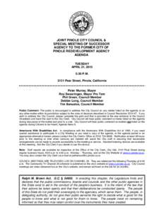 JOINT PINOLE CITY COUNCIL & SPECIAL MEETING OF SUCCESSOR AGENCY TO THE FORMER CITY OF PINOLE REDEVELOPMENT AGENCY AGENDA TUESDAY