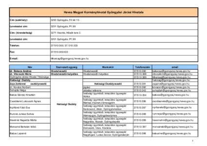 Heves Megyei Kormányhivatal Gyöngyösi Járási Hivatala Cím (székhely): 3200 Gyöngyös, Fő tér 13.  Levelezési cím:
