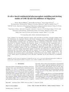 In silico–based combinatorial pharmacophore modelling and docking studies of GSK-3β and GK inhibitors of Hippophae SUSHIL KUMAR MIDDHA1 , ARVIND KUMAR GOYAL2 , SYED AHMED FAIZAN3 , NETHRAMURTHY SANGHAMITRA3 , BHARAT C