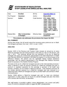 Assembly Bill x1 21 (Blumenfield) SPT: Cross Premiums Tax: Medi-Cal