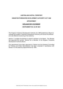 AUSTRALIAN CAPITAL TERRITORY KINGSTON FORESHORE DEVELOPMENT AUTHORITY ACT 1999 APPOINTMENT EXPLANATORY STATEMENT INSTRUMENT NO. 53 OF 2001